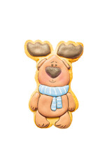 gingerbread elk in blue scarf isolated on white background with place for text