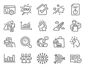 Fototapeta na wymiar Education icons set. Included icon as Brainstorming, Ranking stars, Idea signs. Target, Approved document, Graph symbols. Messenger mail, Time management, Report diagram. Group line icons. Vector
