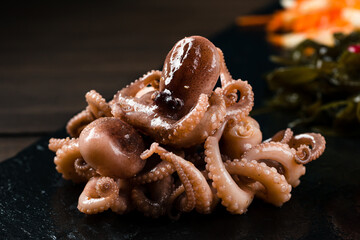 raw octopus ready to eat. Creative food diet healthy eating concept photo of delicious baby octopus seafood. Close up of raw octopus. Mediterranean seafood delicacy.