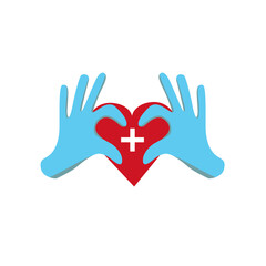 Illustration of hands in medical gloves in the form of a heart. Ideal for warning ads or medical posters