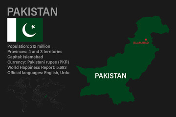 Highly detailed Pakistan map with flag, capital and small map of the world