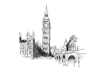 A black and white illustrated sketch of Big Ben, London