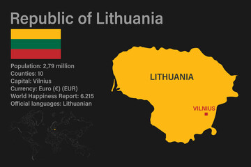 Highly detailed Republic of Lithuania map with flag, capital and small map of the world
