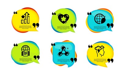 Environment day, Ranking star and Chemistry molecule icons simple set. Speech bubble with quotes. Ranking stars, Internet documents and Mindfulness stress signs. Vector