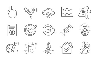 Technical info, Chemistry lab and Chemistry dna line icons set. Dot plot, Crowdfunding and Winner reward signs. Dollar exchange, Hand click and Confirmed symbols. Line icons set. Vector