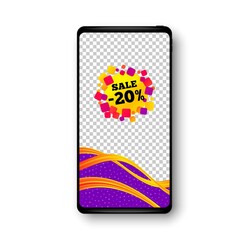 Sale 20 percent off banner. Phone mockup vector banner. Discount sticker shape. Coupon bubble icon. Social story post template. Sale 20 badge. Cell phone frame. Liquid modern background. Vector