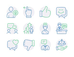 People icons set. Included icon as Support service, Employee result, Heart signs. Doctor, Dislike hand, Smile face symbols. Reception desk, User idea, Like. People chatting, Justice scales. Vector