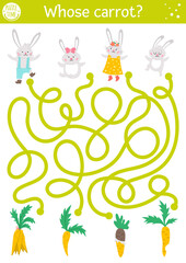 Easter maze for children with bunny family and carrots. Holiday preschool printable educational activity with rabbits and vegetables. Funny spring garden game or puzzle with cute animals. .