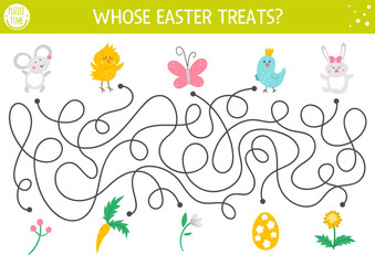 Easter maze for children with cute animals and presents. Holiday preschool printable educational activity with chicken, mouse, bunny, bird. Funny spring game or puzzle with cute characters. .