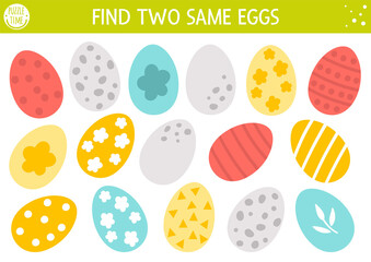 Fototapeta na wymiar Find two same eggs. Easter matching activity for children. Funny spring educational logical quiz worksheet for kids. Simple printable game with cute decorated holiday symbols.