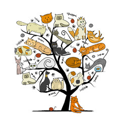 World Cats Day. Art Tree with funny cats for your design