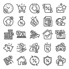 Loan line icons. Set of Investment, Interest rate and Percentage diagram linear icons. Car leasing, analytics plan, Credit card percent and loan rate. Bank mortgage, leasing, interest graph. Vector