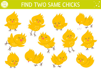 Find two same chicks. Easter matching activity for children. Funny spring educational logical quiz worksheet for kids. Simple printable game with cute chickens.