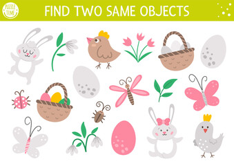 Find two same objects. Easter matching activity for children. Funny spring educational logical quiz worksheet for kids. Simple printable game with cute bird, egg, bunny, basket, flower.