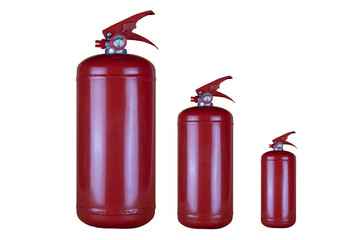 A set of powder fire extinguishers of different volumes with a pressure gauge on a white background.