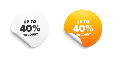 Up to 40 percent discount. Round sticker with offer message. Sale offer price sign. Special offer symbol. Save 40 percentages. Circle sticker mockup banner. Discount tag badge shape. Vector