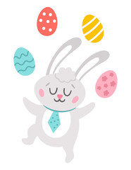 Vector Easter bunny icon. Rabbit juggling with colored eggs isolated on white background. Greeting card template with cute adorable animal for kids. Funny spring hare with closed eyes..