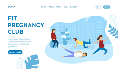 Website Or Webpage Interface Template Layout Vector Illustration In Cartoon Flat Style. Composition With Text And Buttons. Fit Pregnancy Club Concept. Expecting Female Characters Doing Fitness Sport