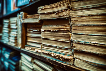 old books on shelves in archive blurred image, library