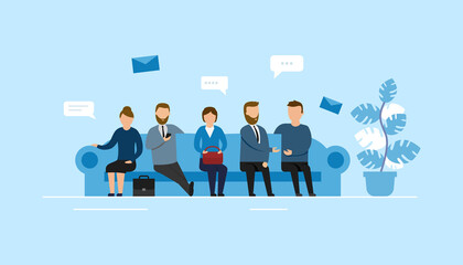 Fototapeta premium Vector Illustration With Group Of Candidates In Office Outfits Sitting On Sofa At Reception Waiting And Chatting. Composition On Blue Background With Characters And Design Elements. Flat Cartoon Style