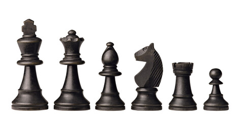 Black wooden chess pieces isolated on white background 
