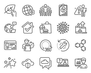 Science icons set. Included icon as Cloud protection, Faq, Coronavirus signs. Presentation, Report, 360 degrees symbols. Group, World medicine, Organic tested. Recovery tool, Seo devices. Vector