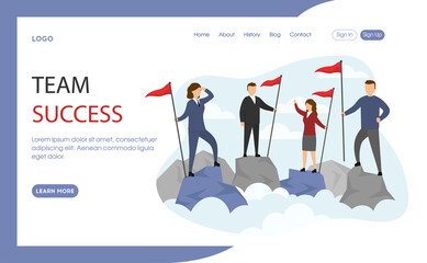 Naklejka premium Team Success Conceptual Illustration In Flat Cartoon Style. Vector Composition Of Website Layout Interface With Writings And White Background. Businessmen Standing Together, Efficient Teamwork Ideas