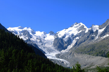 Fototapeta na wymiar Swiss Alps: The Morteratsch Glacier in the swiss alps is melting due to the global climate change