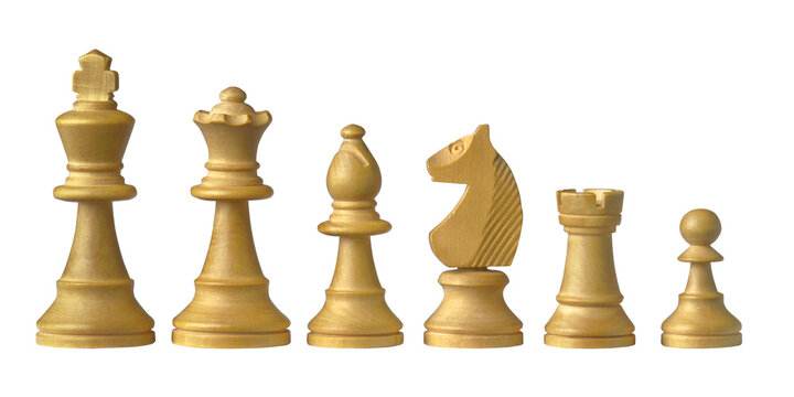 White wooden chess pieces isolated on white background 