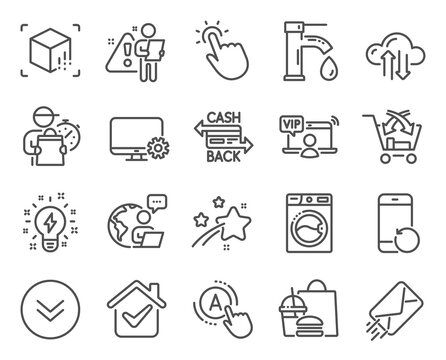 Technology icons set. Included icon as Ab testing, Augmented reality, Cross sell signs. Scroll down, Washing machine, Inspiration symbols. Monitor settings, Vip access, E-mail. Cloud sync. Vector