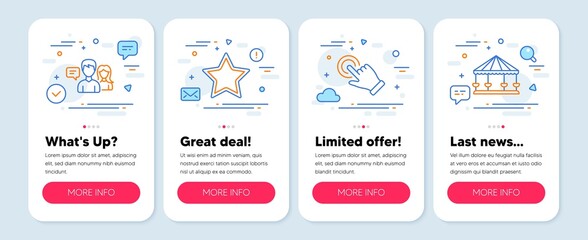 Set of Technology icons, such as Touchscreen gesture, People talking, Star symbols. Mobile screen mockup banners. Carousels line icons. Click hand, Contact service, Best rank. Attraction park. Vector