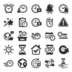 Time icons. Set of Calendar, Time management timer and Delivery service icons. Checklist, Stopwatch timer and hourglass. 24 hours and Presentation, calendar, checklist test. Flat icon set. Vector
