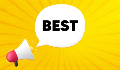 Best sign. Yellow background with megaphone. Special offer Sale sign. Advertising Discounts symbol. Megaphone banner. Best speech bubble. Loudspeaker background. Vector