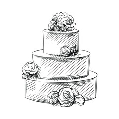 Hand drawn sketch of Three Tier wedding cake on a white background. Wedding theme. Celebration and festivities. Accessories for wedding - 409734970
