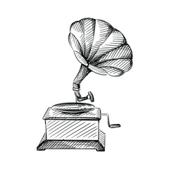 Hand drawn sketch of antique gramophone on a white background. Wedding theme. Celebration and festivities. Accessories for wedding