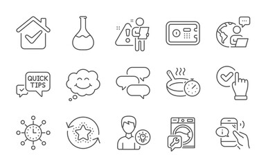 Washing machine, Chemistry lab and Talk bubble line icons set. World time, Loyalty points and Person idea signs. Frying pan, Smile and Call center symbols. Checkbox, Quick tips and Safe box. Vector