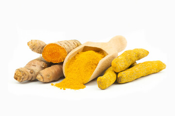 Turmeric powder in spoon and turmeric root isolated on white background, spice concept, ( curcuma longa )