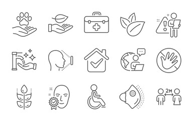 Medical mask, Organic product and Disabled line icons set. Face verified, Washing hands and First aid signs. Social distancing, Gluten free and Leaf symbols. Line icons set. Vector