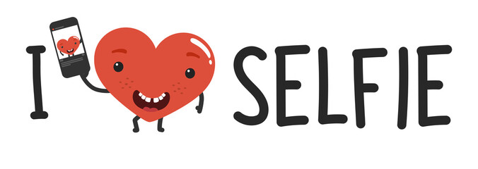 Vector cute heart character.i love selfie lettering with heart cartoon.
