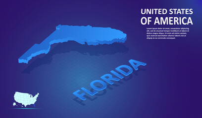 Isometric Florida State map on blue and glowing background. 3D Detailed Map in perspective with place for your text or description. Technology Information Graphic Elements for design and template.