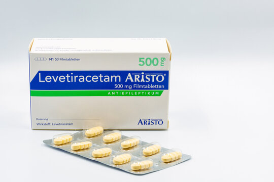 Package of Levetiracetam Aristo tablets closeup against white