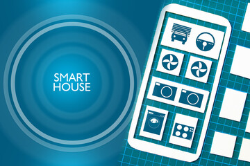 The concept of the Smart home in blue. Home automation app shortcuts and an abstract button labeled Smart Home. Internet of Smart Things.