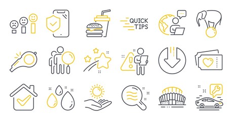 Set of Business icons, such as Customer satisfaction, Love tickets, Download arrow symbols. Skin condition, Sun protection, Education signs. Phone insurance, Water drop, Car service. Vector