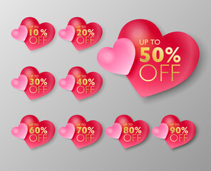 50% off sale tags. Set of 10% through 90% off 3d Pink heart balloon labels for sale promotional marketing. Vector illustration