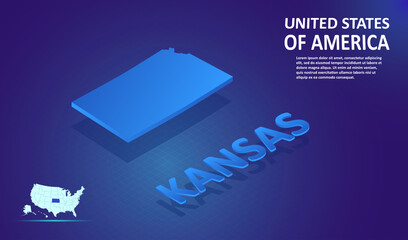 Isometric Kansas State map on blue and glowing background. 3D Detailed Map in perspective with place for your text or description. Technology Information Graphic Elements for design and template.