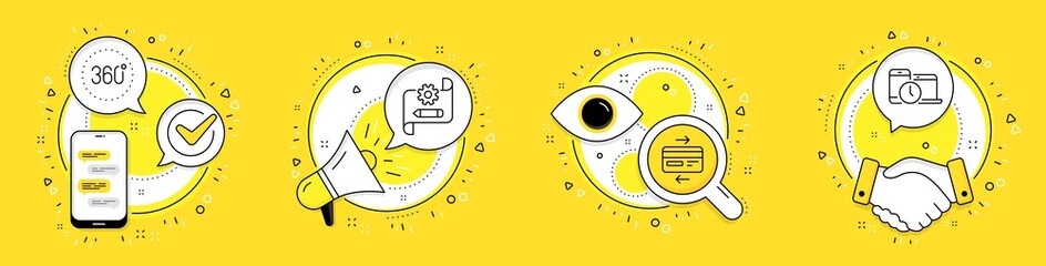 Cogwheel blueprint, 360 degrees and Credit card line icons set. Cell phone, megaphone and deal vector icons. Time management sign. Edit settings, Panoramic view, Bank payment. Laptop device. Vector