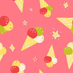 Cute seamless pattern with various taste ice cream cones on pink background. Cartoon vector illustration.