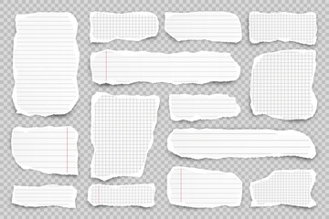 Obraz premium Ripped paper strips on transparent background. Realistic crumpled paper scraps with torn edges. Lined shreds of notebook pages. Vector illustration.