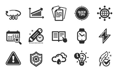 Medical calendar, 360 degrees and Read instruction icons simple set. Project deadline, Coronavirus protection and Documents signs. Hypoallergenic tested, Smartwatch and Energy symbols. Vector