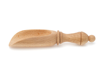 Wooden scoop on white background.